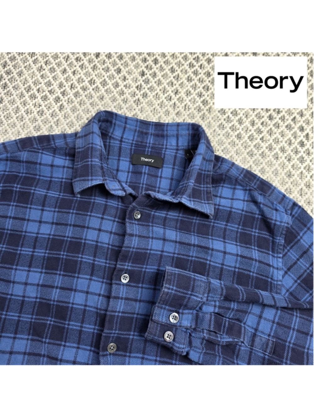 Theory Irving Garda Check Flannel Shirt Mens L Blue Plaid 100% Cotton